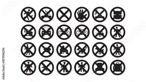 Comprehensive vector collection of minimalist graphic black and white prohibition signs illustrating various forbidden actions and restricted activities