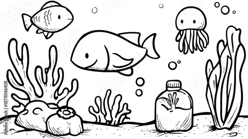Underwater scene line art with fish, jellyfish, coral, seaweed, and a plastic bottle. Ocean pollution concept, environmental issue drawing.