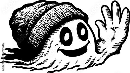 Friendly cartoon character waving, whimsical hand-drawn illustration. Retro black and white artistic graphic design for greeting or welcome.