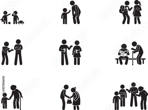 Care and Help Stickman Silhouette Set – Family, Support, Social Assistance Concepts