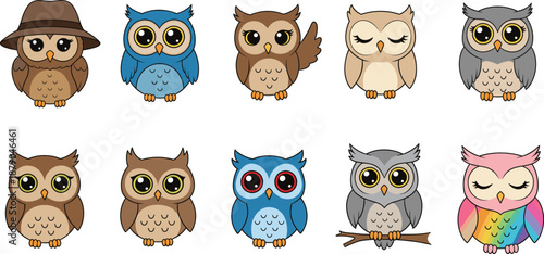 Cute Cartoon Owl Characters Set with Different Colors Expressions and Accessories Vector
