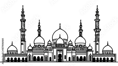 Elegant black and white line art illustration of a grand mosque with multiple domes and minarets, representing Islamic architecture and culture.