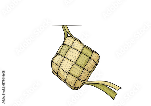 Woven Diamond-Shaped Ketupat with Green and Beige Pattern