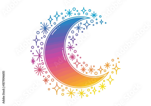 Gradient Crescent Moon Surrounded by Stars and Dots Illustration