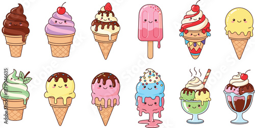 Cute Ice Cream Cartoon Characters Set with Popsicles Cones and Sundae Desserts Vector