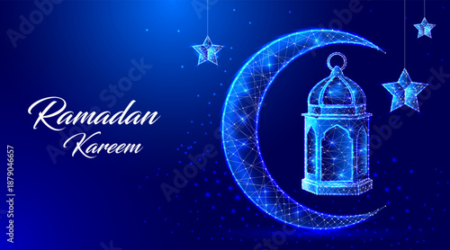 Ramadan Kareem glowing moon, lantern and star low poly digital illustration on blue background
