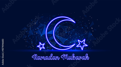 Ramadan mubarak glowing moon and stars. Futuristic low poly digital illustration on blue background