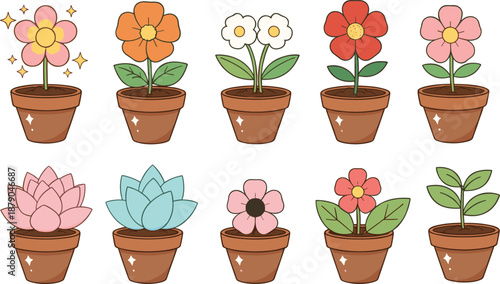 Cute Potted Flower Cartoon Icons Set with Colorful Blossoms and Decorative Plant Pots Vector