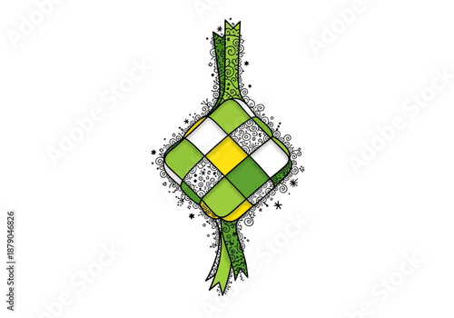 Intricate Ketupat Illustration with Green and Yellow Weave Design