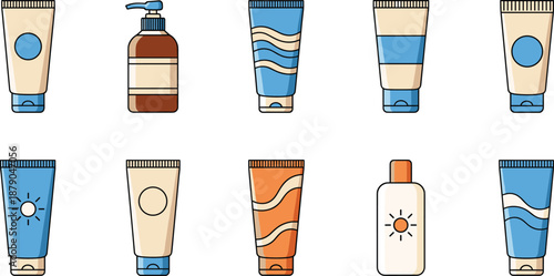 Skincare and Cosmetic Tube Bottles Icons Set with Lotion Cream and Sunscreen Vector