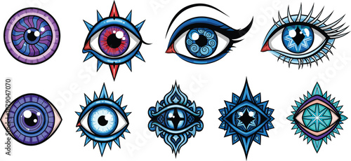 Mystical Eye Symbol Icons Set with Sacred Geometry and Fantasy Style Vector