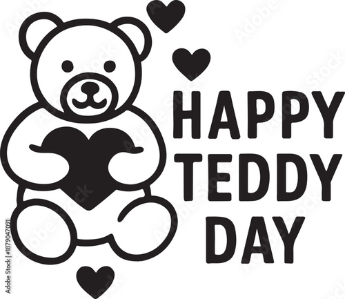 Black and white teddy bear with hearts and Happy Teddy Day text