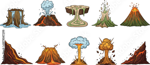 Volcano Eruption and Natural Disaster Icons Set with Lava Smoke and Explosion Effects Vector