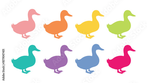 colorful ducks in a row on white background
