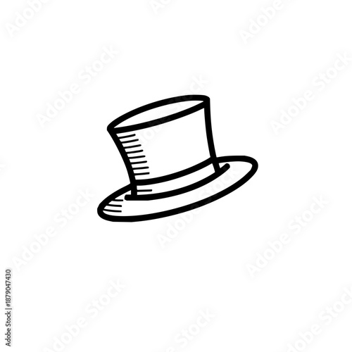 Illustration of a black and white top hat with a brim and decorative lines on the side of the hat