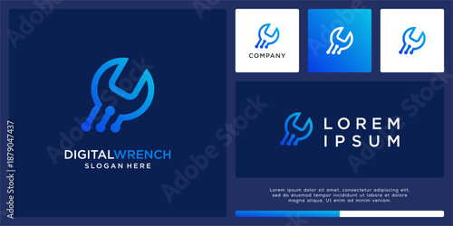 Digital wrench logo design with line.