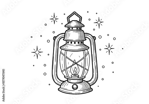 Detailed Line Art of a Vintage Kerosene Lantern with Stars