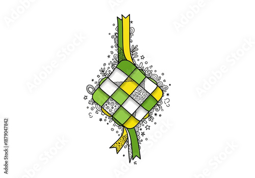 Hand-Drawn Ketupat Illustration with Green, Yellow, and White Weave