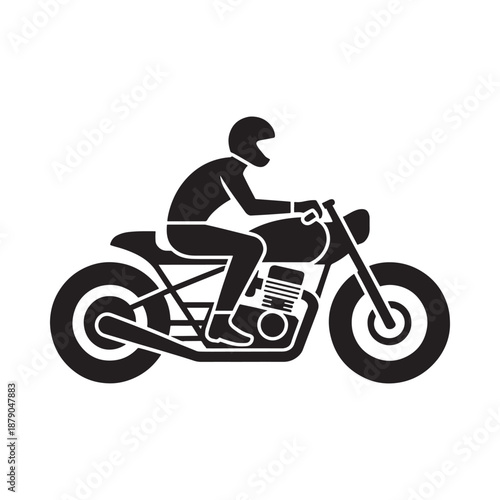 Black silhouette of a motorcyclist riding a classic style motorcycle