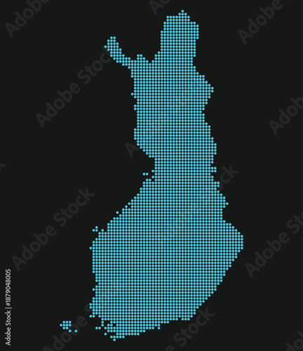 Finland Light Blue Dotted Map on Black Background for Quantum Computing and Security. Map of Finland in dotted style.