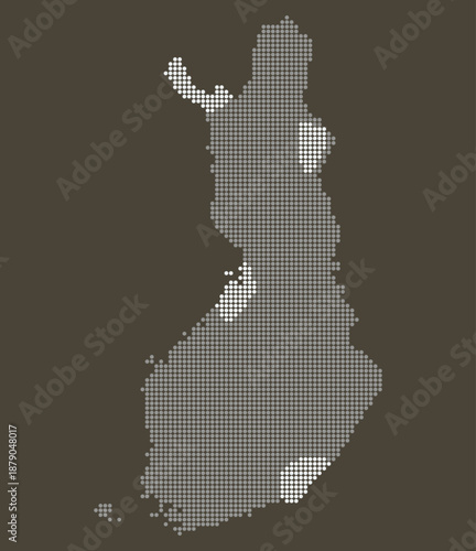 Finland Grey and White Dotted Map on Brown for Forestry Tech and Bio Economy. Map of Finland in dotted style.