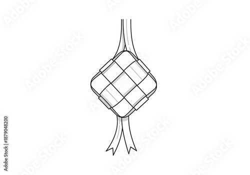 Ketupat Illustration: Traditional Malay Rice Dumpling in Woven Palm Leaf Pouch
