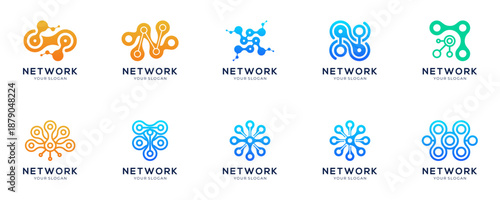Set of Abstract Molecular and Neural Network logo design inspirations. Creative vector of Modern Digital Technology Link, colourful icon template.