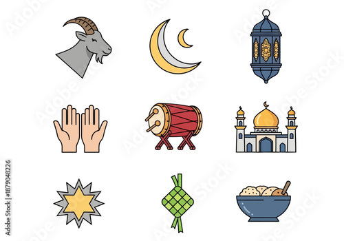 Eid al-Adha and Eid al-Fitr Celebration Icons: Goat, Crescent, Lantern, Drum, Mosque, Hands, Star, Ketupat, Food