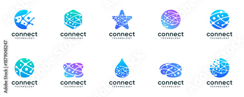 Set of Abstract Geometric Network Connectivity Tech logo design inspirations. Creative vector of Circuit and Node in Various Shapes, modern colourful icon template.