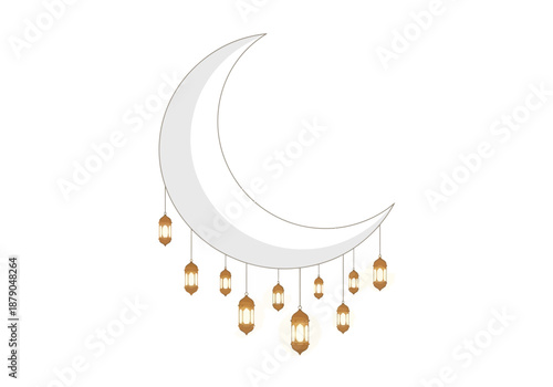 Crescent Moon with Hanging Lanterns Illustration for Ramadan or Eid Celebrations