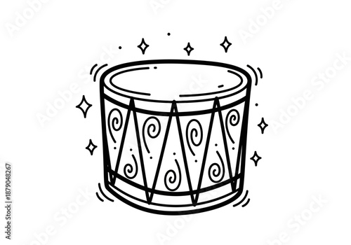 Hand-Drawn Drum with Swirl Design and Star Accents in Black and White