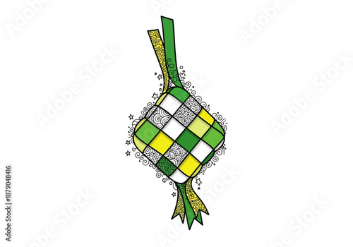 Decorative Ketupat Illustration with Green, Yellow, and White Squares