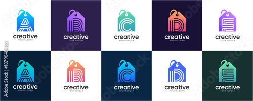 Set of Letter A to E Shopping Tag logo design inspirations. Vector of Sale Tags with Initial Letters for Brand Identity and Online Shop concept. Creative colourful icon template.