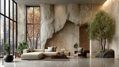 Modern living room design with natural stone wall and greenery