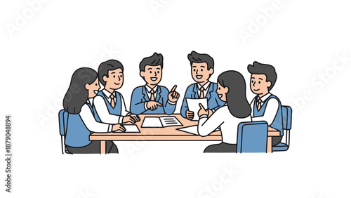 Collaborative meeting illustration depicting young students or professionals actively discussing ideas around a table, symbolizing effective teamwork and idea exchange
