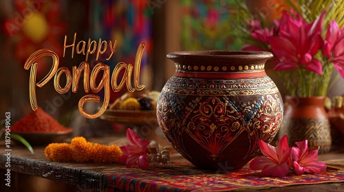Intricately Detailed Festival Scene of Happy Pongal Celebrated with Traditional Pot and Palm Tree in a Vibrant Rural Harvest Setting