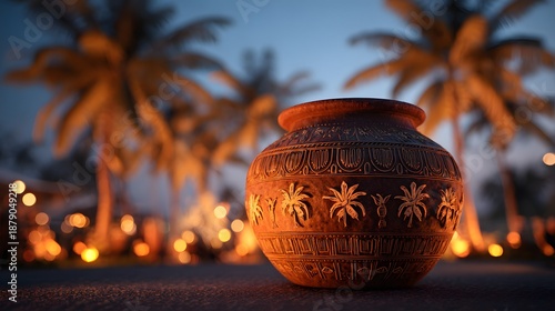 Elegant and Luminous Tradition: Happy Pongal Festival Celebrated with Decorative Inscription, Pot, and Palm Tree Under Twilight Glow