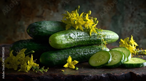 Intricate still life of fresh green cucumbers with yellow blossoms and vibrant salad elements for culinary art