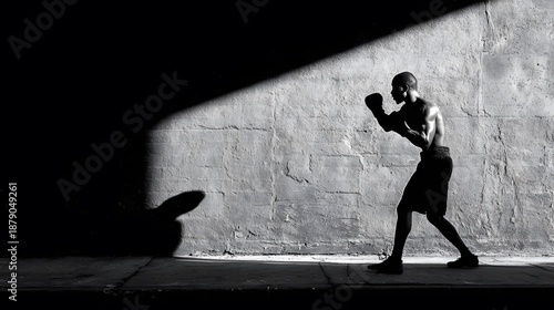 Vivid Illustration of a Boxer Wrestling with His Shadow in an Urban Landscape with Intense Light and Dark Contrasts Emphasizing Internal Conflict and Athletic Spirit