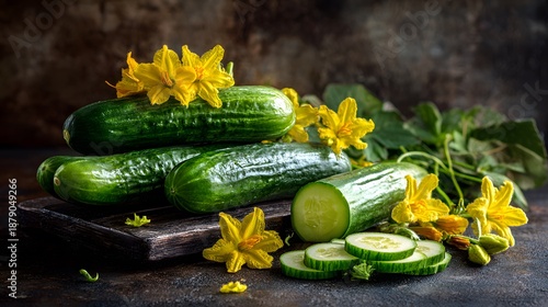 Intricate still life of fresh green cucumbers with yellow blossoms and vibrant salad elements for culinary art