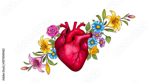 Anatomical heart surrounded by vibrant flowers and lush greenery, depicted in a beautiful illustration