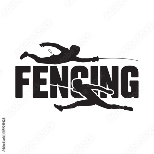 Silhouette of a fencer in action with the word fencing displayed