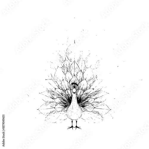 Detailed monochrome drawing of a peacock displaying its plumage with intricate feather patterns and textures