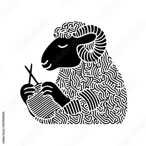 Illustration of a sheep knitting with needles and yarn in black and white line art style design