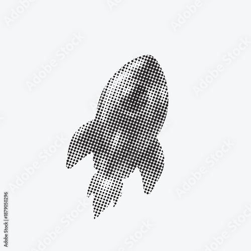 A monochrome halftone illustration of a classic retro rocket ship