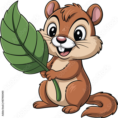 Cheerful chipmunk holding leaf on white background