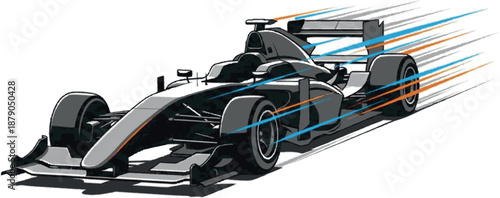 Dynamic illustration of a sleek, modern open-wheel racing car speeding with vibrant motion trails, symbolizing high velocity, power, and competitive performance on the track