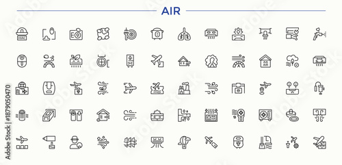 Air linear icon set. Minimal icons collection. Editable vector illustration. Flight icon. Includes symbols for aircraft, jet, fly, transport, aviation and more.