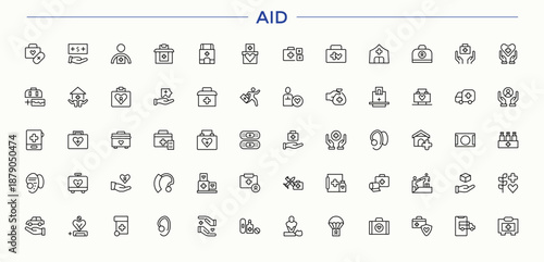 Aid line icon set. Minimal linear icons. Patient linear icon collection. Contain linear sign first, pharmacy, laboratory, science and more.