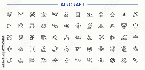 Aircraft linear icon collection. Aviation icon set. Minimalist editable vector stroke. Contain linear sign transport, air bus, flight, travel, jet, airport. Editable vector art.